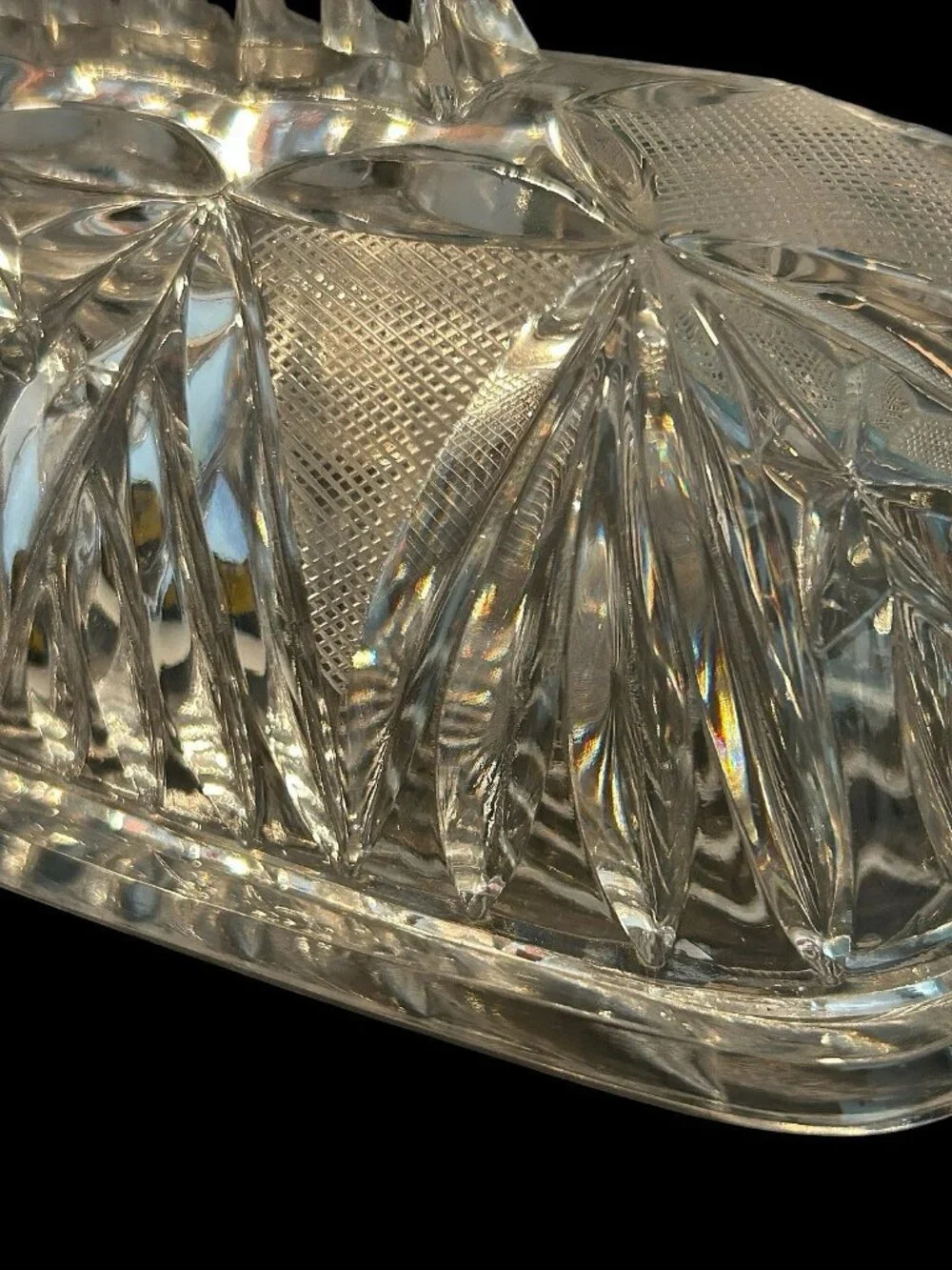 Vintage Cut Crystal Covered Butter Dish Handled Fan Diamond Star Design